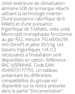 Unité extérieure airHome 600 6 kWatts R32 - Hitachi - Réf : RAC-VJ50WHAE