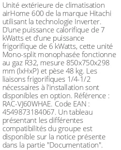 Unité extérieure airHome 600 7 kWatts R32 - Hitachi - Réf : RAC-VJ60WHAE