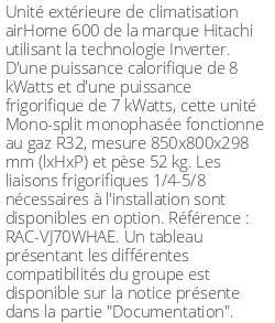 Unité extérieure airHome 600 8 kWatts R32 - Hitachi - Réf : RAC-VJ70WHAE
