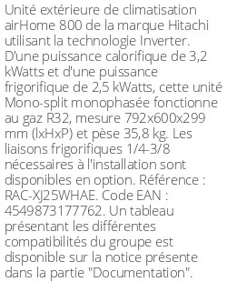Unité extérieure airHome 800 3.2 kWatts - R32 - Hitachi - Réf : RAC-XJ25WHAE