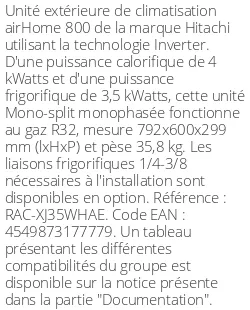 Unité extérieure airHome 800 4 kWatts - R32 - Hitachi - Réf : RAC-XJ35WHAE