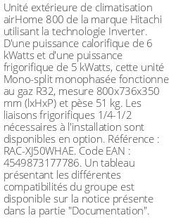 Unité extérieure airHome 800 6 kWatts - R32 - Hitachi - Réf : RAC-XJ50WHAE