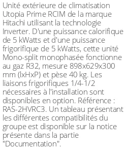 Unité extérieure Utopia Prime RCIM 5 kWatts - R32 - Hitachi - Réf : RAS-2HVRC3