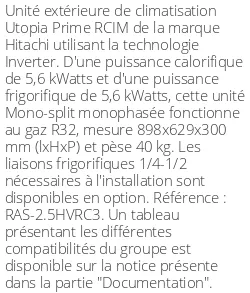 Unité extérieure Utopia Prime RCIM 5.6 kWatts - R32 - Hitachi - Réf : RAS-2.5HVRC3