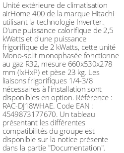 Unité extérieure airHome 400 2.5 kWatts - R32 - Hitachi - Réf : RAC-DJ18WHAE