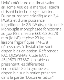 Unité extérieure airHome 400 3.4 kWatts - R32 - Hitachi - Réf : RAC-DJ25WHAE