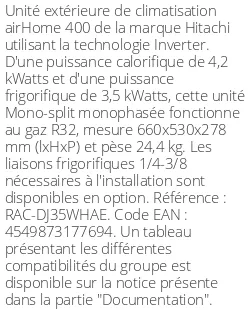 Unité extérieure airHome 400 4.2 kWatts - R32 - Hitachi - Réf : RAC-DJ35WHAE