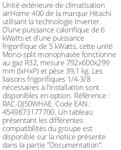 Unité extérieure airHome 400 6 kWatts - R32 - Hitachi - Réf : RAC-DJ50WHAE