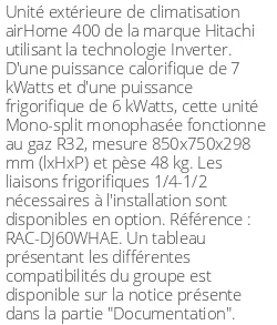 Unité extérieure airHome 400 7 kWatts - R32 - Hitachi - Réf : RAC-DJ60WHAE