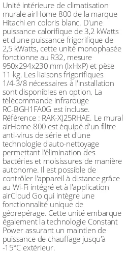 Split mural airHome 800 - 3.2 kWatts - R32 - Hitachi - Réf : RAK-XJ25RHAE