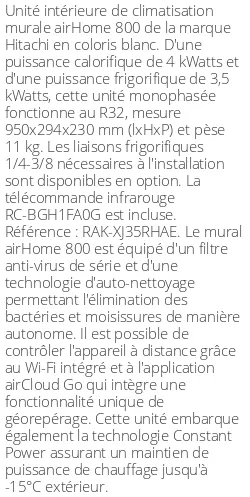 Split mural airHome 800 - 4 kWatts - R32 - Hitachi - Réf : RAK-XJ35RHAE