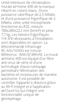 Split mural airHome 400 - 2.5 kWatts - R32 - Hitachi - Réf : RAK-DJ18RHAE
