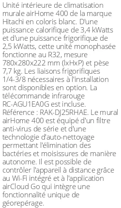 Split mural airHome 400 - 3.4 kWatts - R32 - Hitachi - Réf : RAK-DJ25RHAE