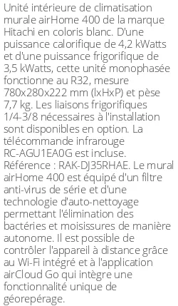 Split mural airHome 400 - 4.2 kWatts - R32 - Hitachi - Réf : RAK-DJ35RHAE