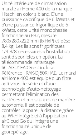 Split mural airHome 400 - 6 kWatts - R32 - Hitachi - Réf : RAK-DJ50RHAE