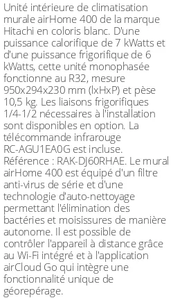 Split mural airHome 400 - 7 kWatts - R32 - Hitachi - Réf : RAK-DJ60RHAE