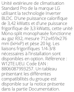 Unité extérieure Standard Pro 3.4 kWatts - R32 - LG - Réf : W12TE.UEU