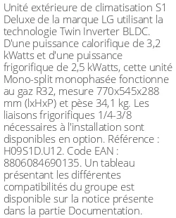 Unité extérieure S1 Deluxe 3.2 kWatts - R32 - LG - Réf : H09S1D.U12