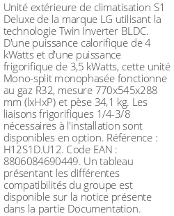 Unité extérieure S1 Deluxe 4 kWatts - R32 - LG - Réf : H12S1D.U12
