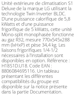 Unité extérieure S1 Deluxe 5.8 kWatts - R32 - LG - Réf : H18S1D.U18