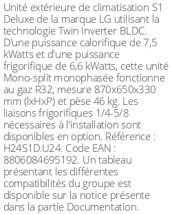 Unité extérieure S1 Deluxe 7.5 kWatts - R32 - LG - Réf : H24S1D.U24