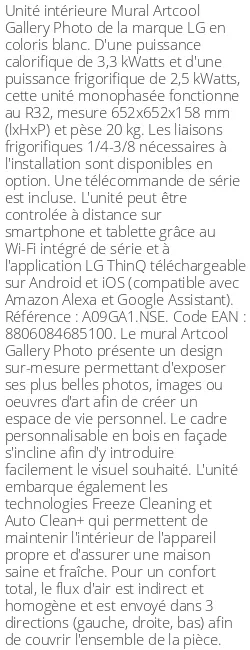 Split Mural Artcool Gallery Photo - 3.3 kWatts - R32 - LG - Réf : A09GA1.NSE