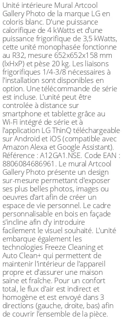 Split Mural Artcool Gallery Photo - 4 kWatts - R32 - LG - Réf : A12GA1.NSE