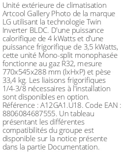 Unité extérieure Artcool Gallery Photo 4 kWatts - R32 - LG - Réf : A12GA1.U18