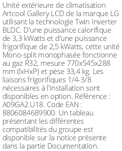 Unité extérieure Artcool Gallery LCD 3.3 kWatts - R32 - LG - Réf : A09GA2.U18