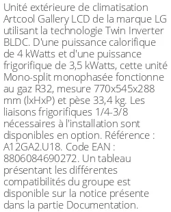 Unité extérieure Artcool Gallery LCD 4 kWatts - R32 - LG - Réf : A12GA2.U18