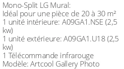 Climatiseur Mural Artcool Gallery Photo, 2,5 kWatts