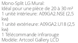 Climatiseur Mural Artcool Gallery LCD, 2,5 kWatts