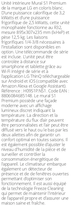 Split Mural S1 Premium - 3.2 kWatts - R32 - LG - Réf : H09S1P.NS1