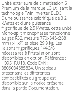 Unité extérieure S1 Premium - 3.2 kWatts - R32 - LG - Réf : H09S1P.U18