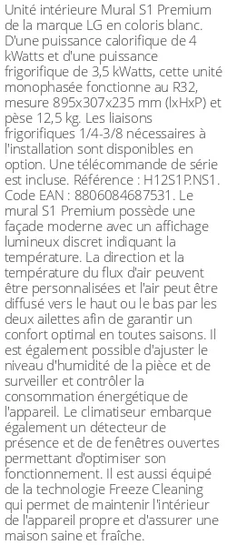 Split Mural S1 Premium - 4 kWatts - R32 - LG - Réf : H12S1P.NS1