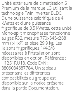 Unité extérieure S1 Premium - 4 kWatts - R32 - LG - Réf : H12S1P.U18