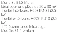 Climatiseur Mural S1 Premium, 2,5 kWatts