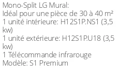 Climatiseur Mural S1 Premium, 3,5 kWatts