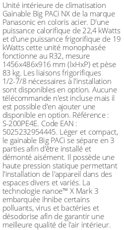 Split gainable Big PACi NX - 22.4 kWatts - R32 - Panasonic - Réf : S-200PE4E