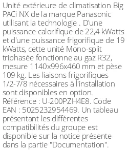 Unité extérieure Big PACi NX 22.4 kWatts - R32 - Panasonic - Réf : U-200PZH4E8