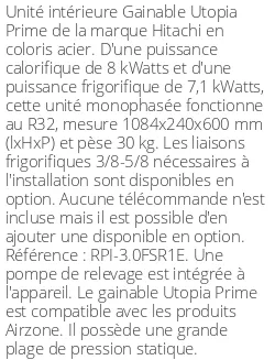 Gainable Utopia Prime - 8 kWatts - R32 - Hitachi - Réf : RPI-3.0FSR1E