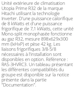Unité extérieure Utopia Prime 8 kWatts Monophasé - R32 - Hitachi - Réf : RAS-3HVRC3