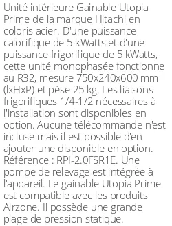 Gainable Utopia Prime - 5 kWatts - R32 - Hitachi - Réf : RPI-2.0FSR1E