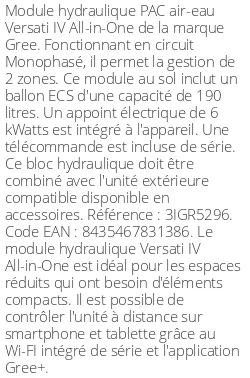 Module hydraulique Versati IV All-in-One 12,2 kWatts Monophasé R32