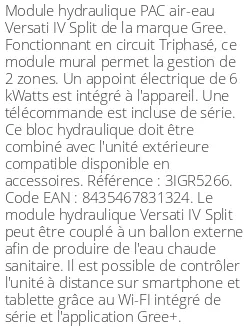 Module hydraulique Versati IV Split 14,5 kWatts Triphasé R32