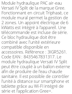Module hydraulique Versati IV Split 12,2 kWatts Triphasé R32