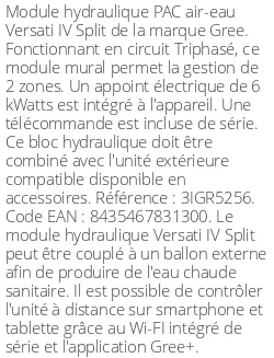 Module hydraulique Versati IV Split 10,2 kWatts Triphasé R32