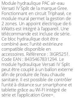 Module hydraulique Versati IV Split 8,3 kWatts Triphasé R32