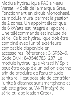 Module hydraulique Versati IV Split 16 kWatts Monophasé R32