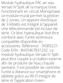 Module hydraulique Versati IV Split 6,2 kWatts Monophasé R32